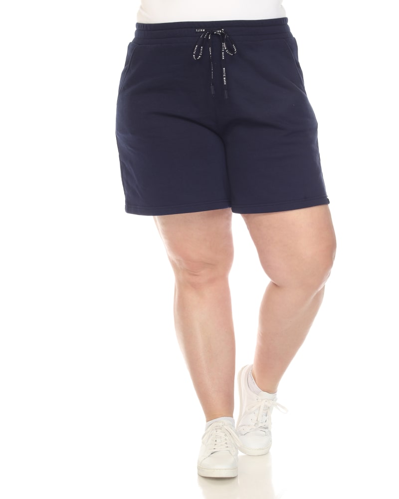 Front of a model wearing a size XL White Mark Super Soft Drawstring Waistband Sweat Shorts in Navy by White Mark. | dia_product_style_image_id:291154
